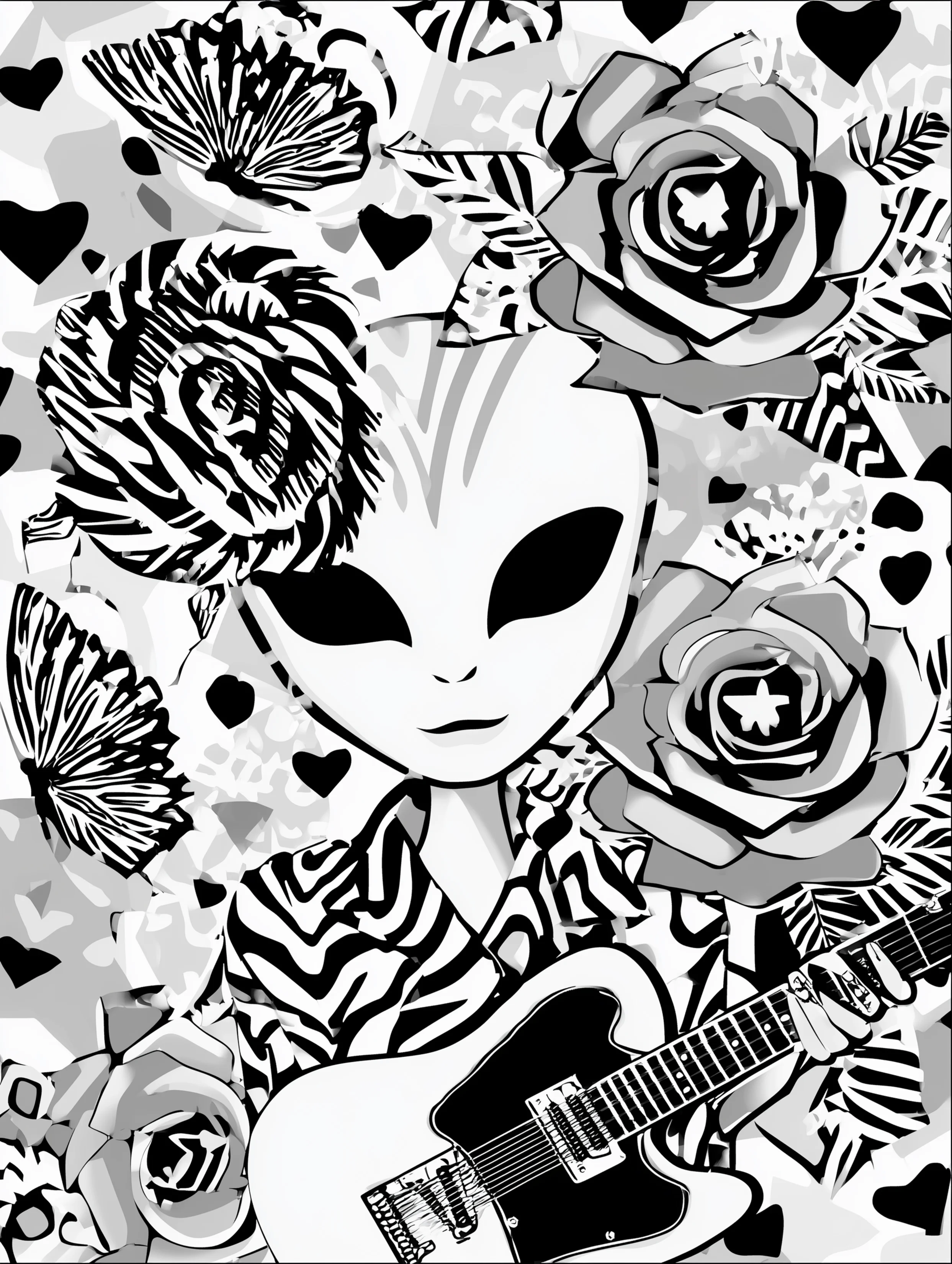 Free printable alien coloring page for adults featuring an alien playing a guitar